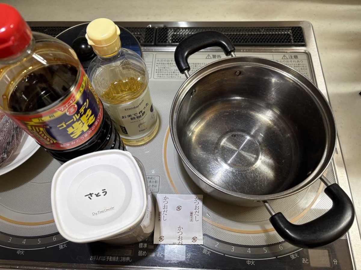 Nanban sauce ingredients — vinegar, soy sauce and sugar on the kitchen counter