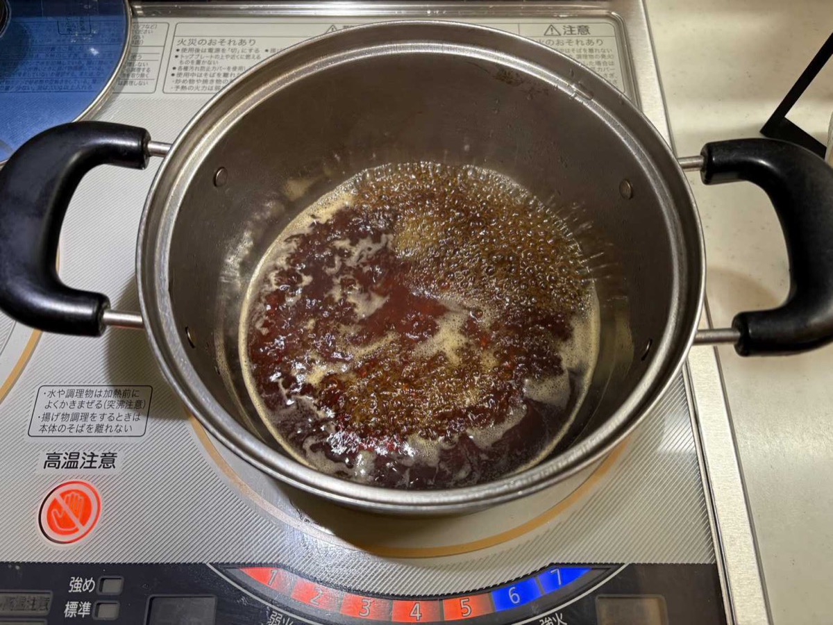 Nanban sauce simmering in a pot on the stove