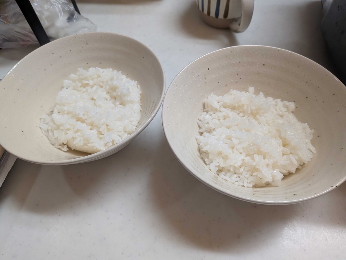 Two bowls of hot white rice ready for assembling sauce katsudon