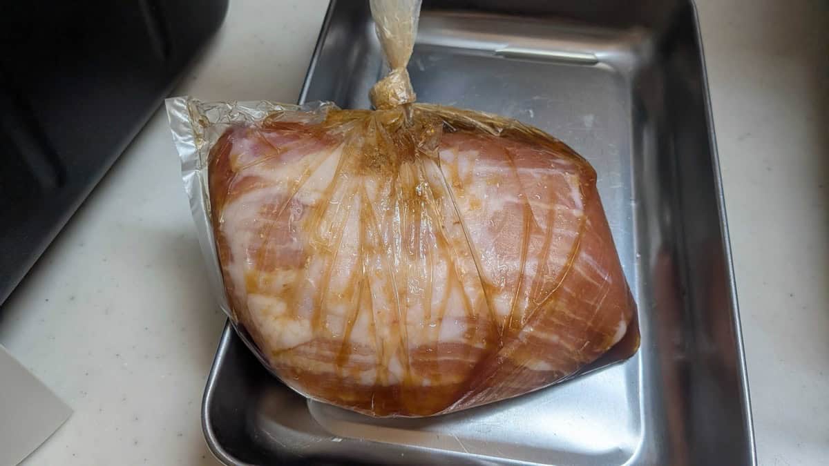 A block of pork loin sealed in a freezer bag with soy marinade, sitting on a stainless steel tray