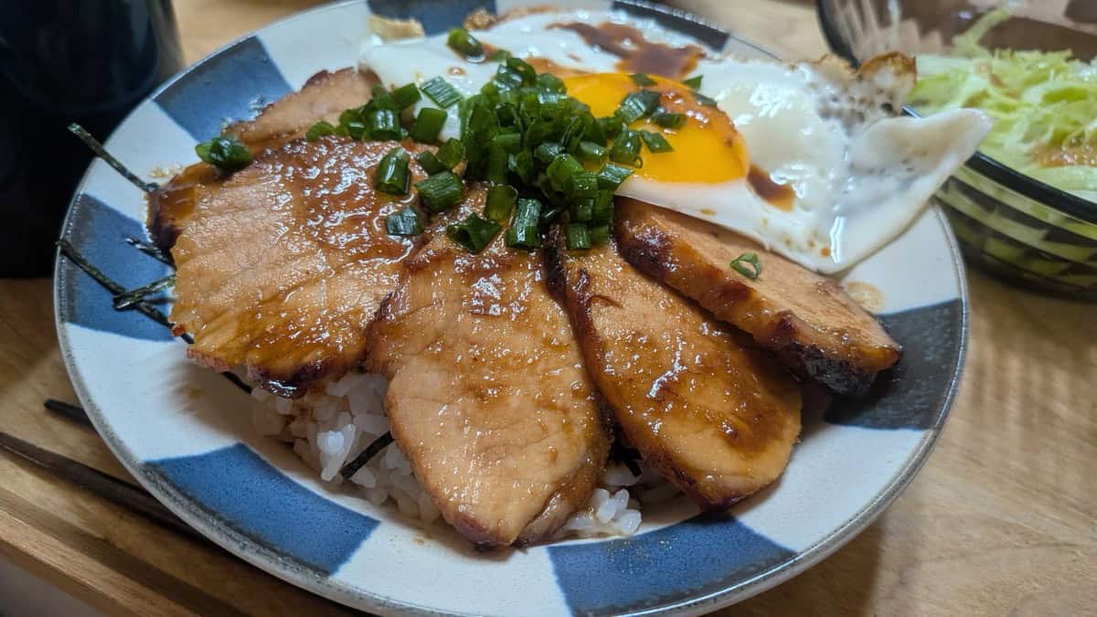 Close view of chashu don with a fried egg, runny yolk, chopped green onion and dark soy tare over rice