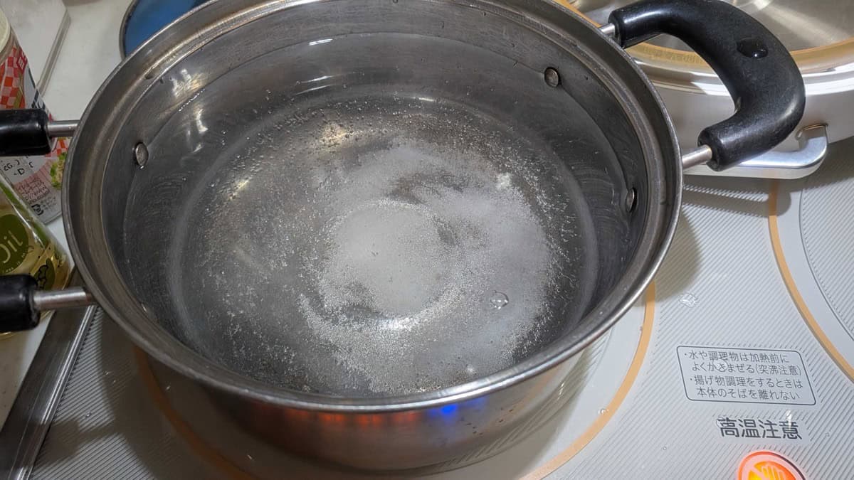 Salt dissolving in a pot of boiling water on an IH cooktop