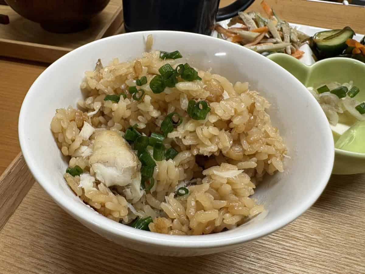 Close-up of tai meshi showing soy-seasoned rice grains, a chunk of flaked sea bream and green onion