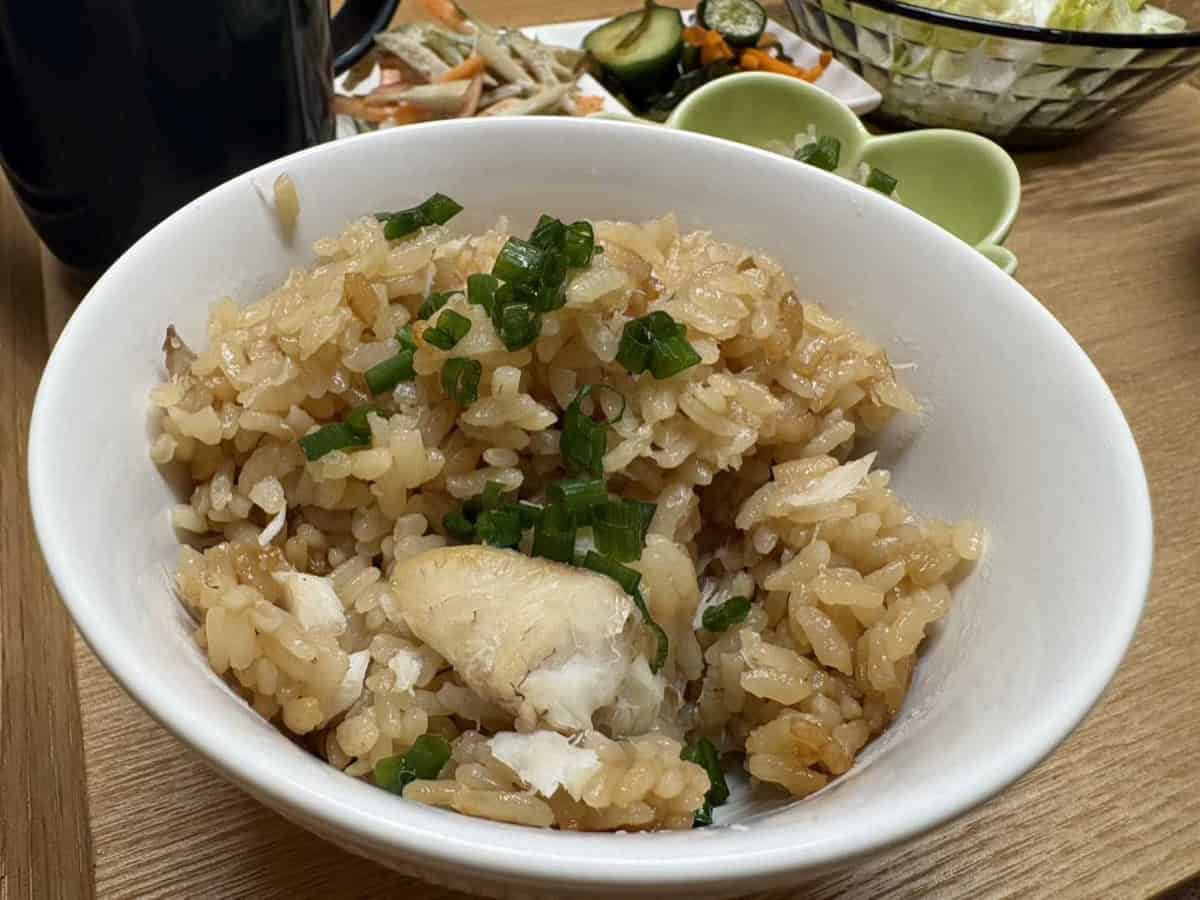 A bowl of tai meshi with soy-seasoned rice, a piece of white sea bream and sliced green onion